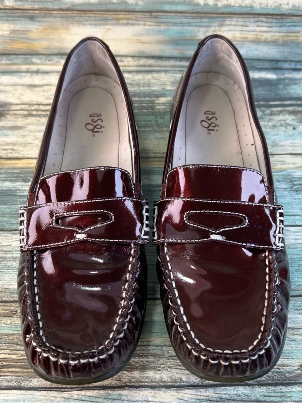 Asgi Comfort Penny Loafers Womens 8M Burgundy Patent Leather Dress Work Shoes
